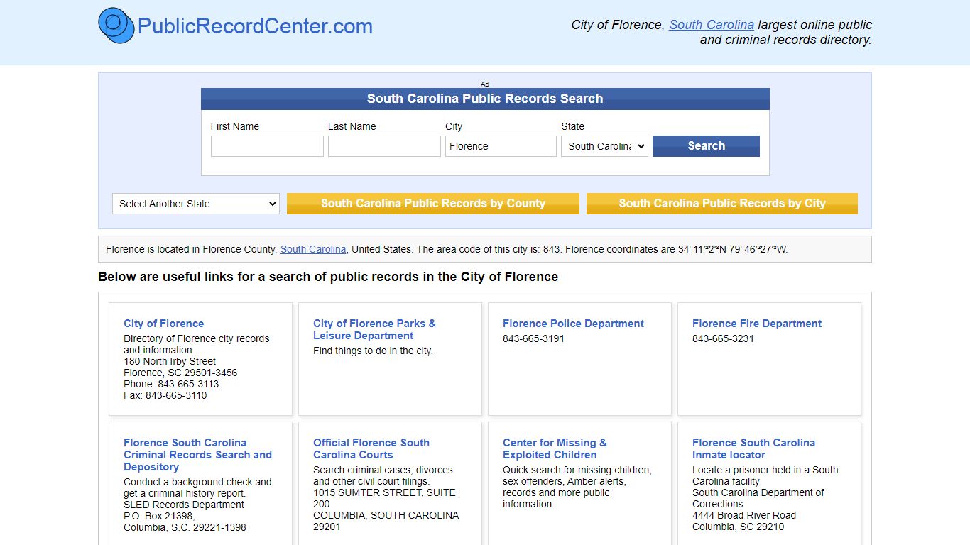 Florence, South Carolina Public Records and Criminal Background Check
